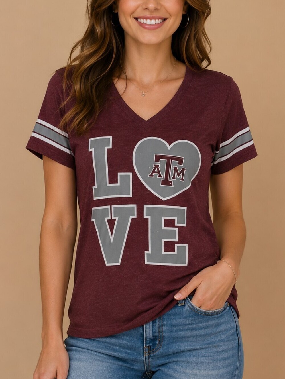 5/$25 Campus HERITAGE Texas A&M Graphic Aggie V-Neck Short Sleeve Baby Tee